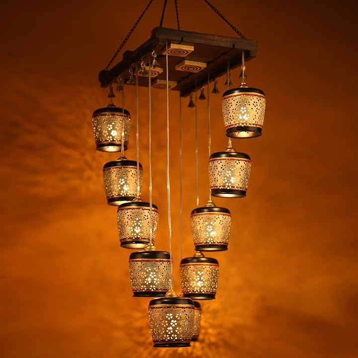 Moon-10A Chandelier With Metal Hanging Lamps In Simmering Gold (10 Shades)