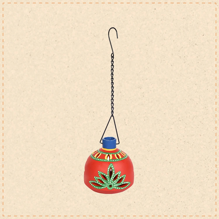 Terracotta Handpainted Red Matki Hanging Tea Light