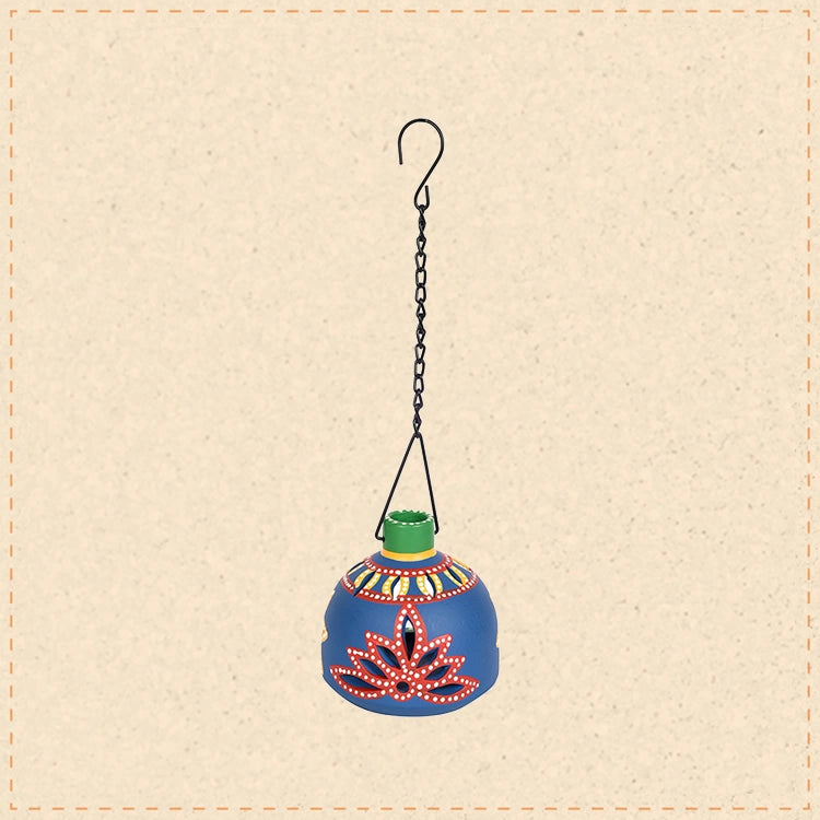 Terracotta Handpainted Blue Matki Hanging Tea Light