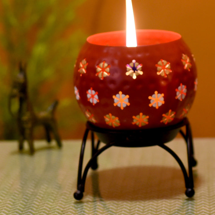 Red Polka Tealight in Round Shape with Metal Stand