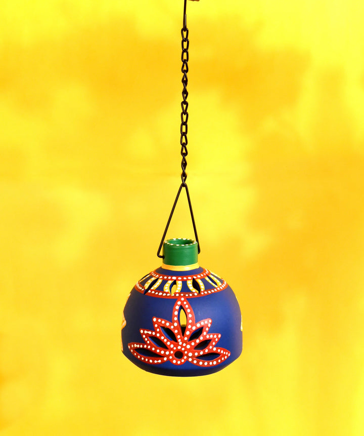 Terracotta Handpainted Blue Matki Hanging Tea Light