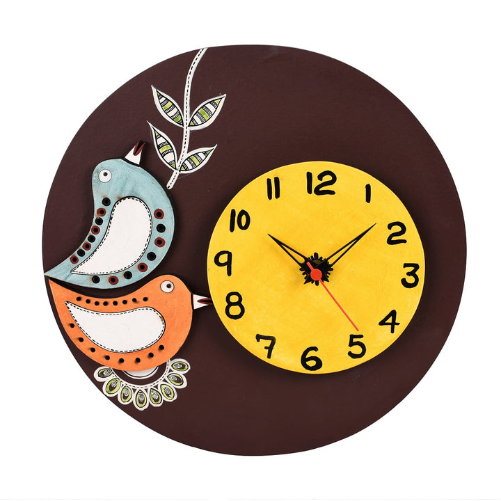 Wall Clock Handcrafted Wooden Tribal Art with Birds Motif (10x1.5x10)