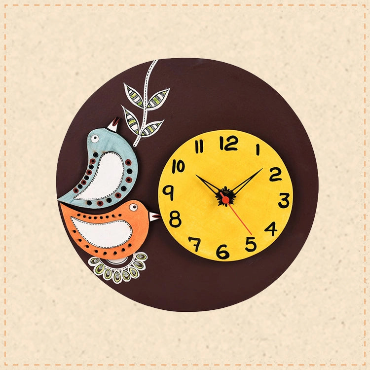 Desiree Wall Clock Handcrafted Wooden Tribal Art with Birds Motif (10x1.5x10)