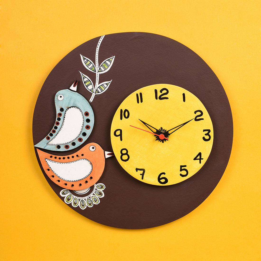 Wall Clock Handcrafted Wooden Tribal Art with Birds Motif (10x1.5x10)