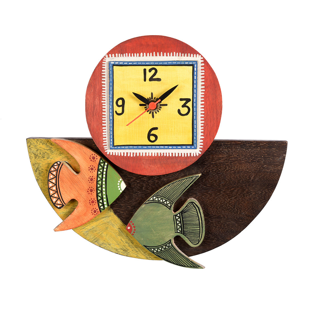 Wall Clock Handcrafted Wooden Tribal Art with Fish Motif (9.4x1.7x8.4)