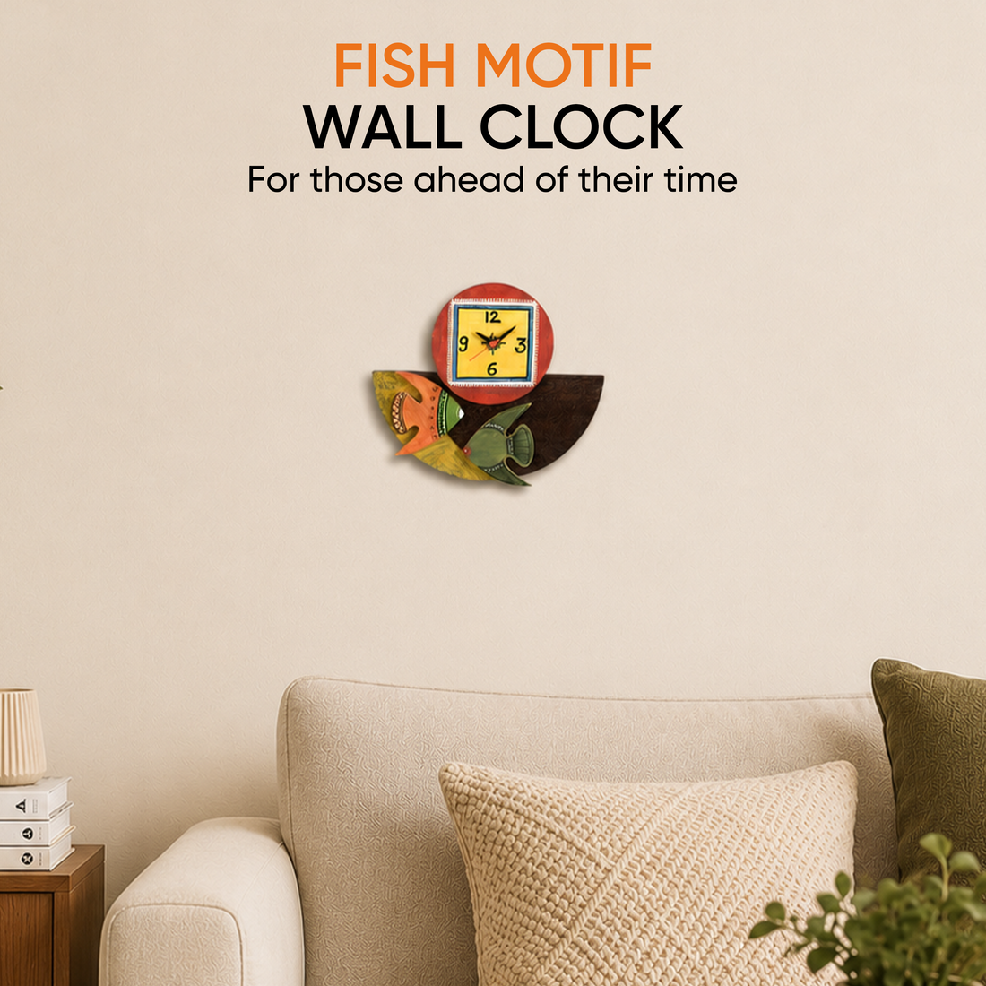 Wall Clock Handcrafted Wooden Tribal Art with Fish Motif (9.4x1.7x8.4)