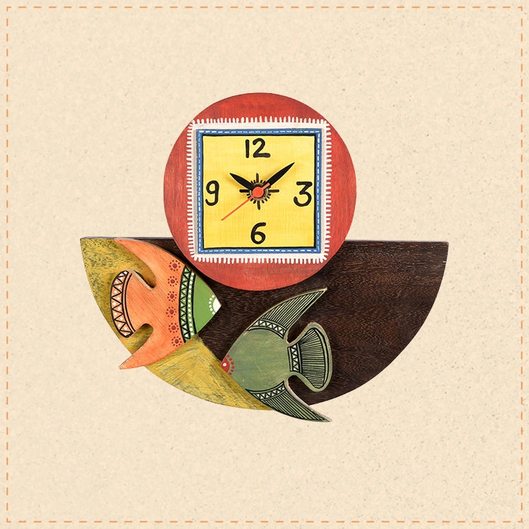 Wall Clock Handcrafted Wooden Tribal Art with Fish Motif (9.4x1.7x8.4)