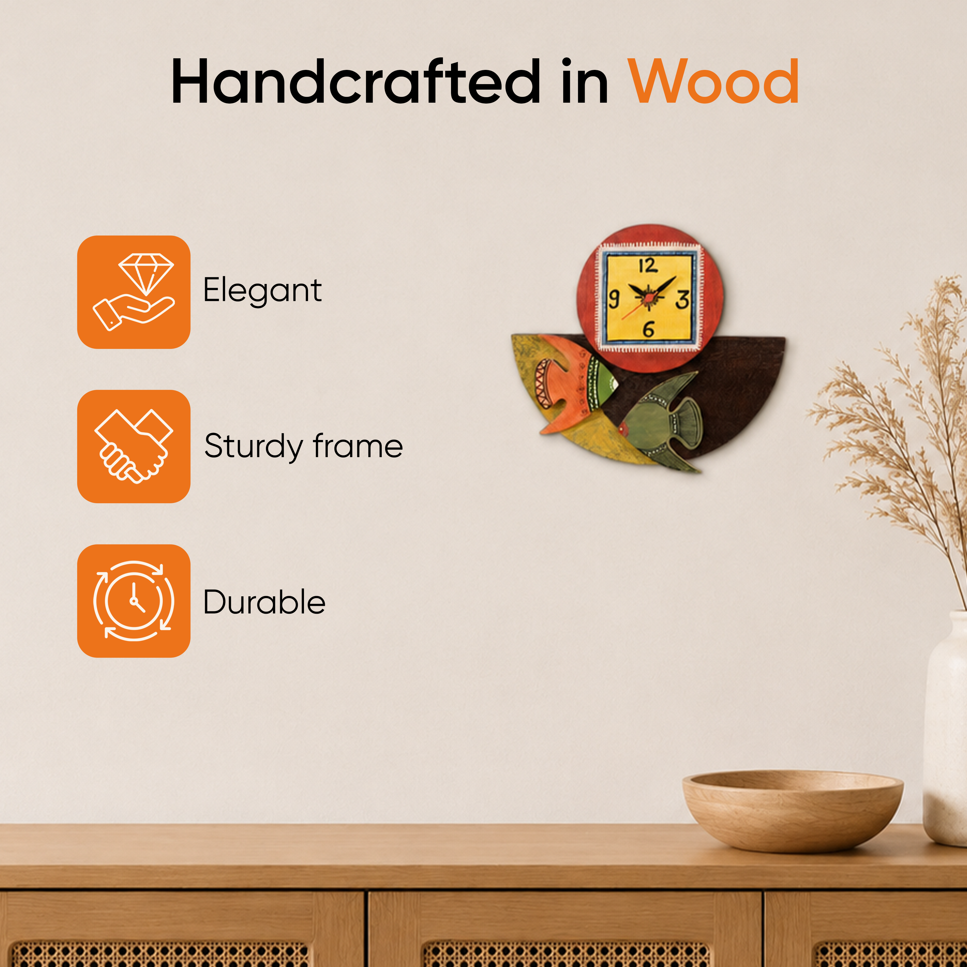 Wall Clock Handcrafted Wooden Tribal Art with Fish Motif (9.4x1.7x8.4)