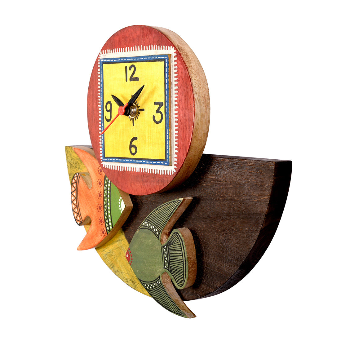 Wall Clock Handcrafted Wooden Tribal Art with Fish Motif (9.4x1.7x8.4)