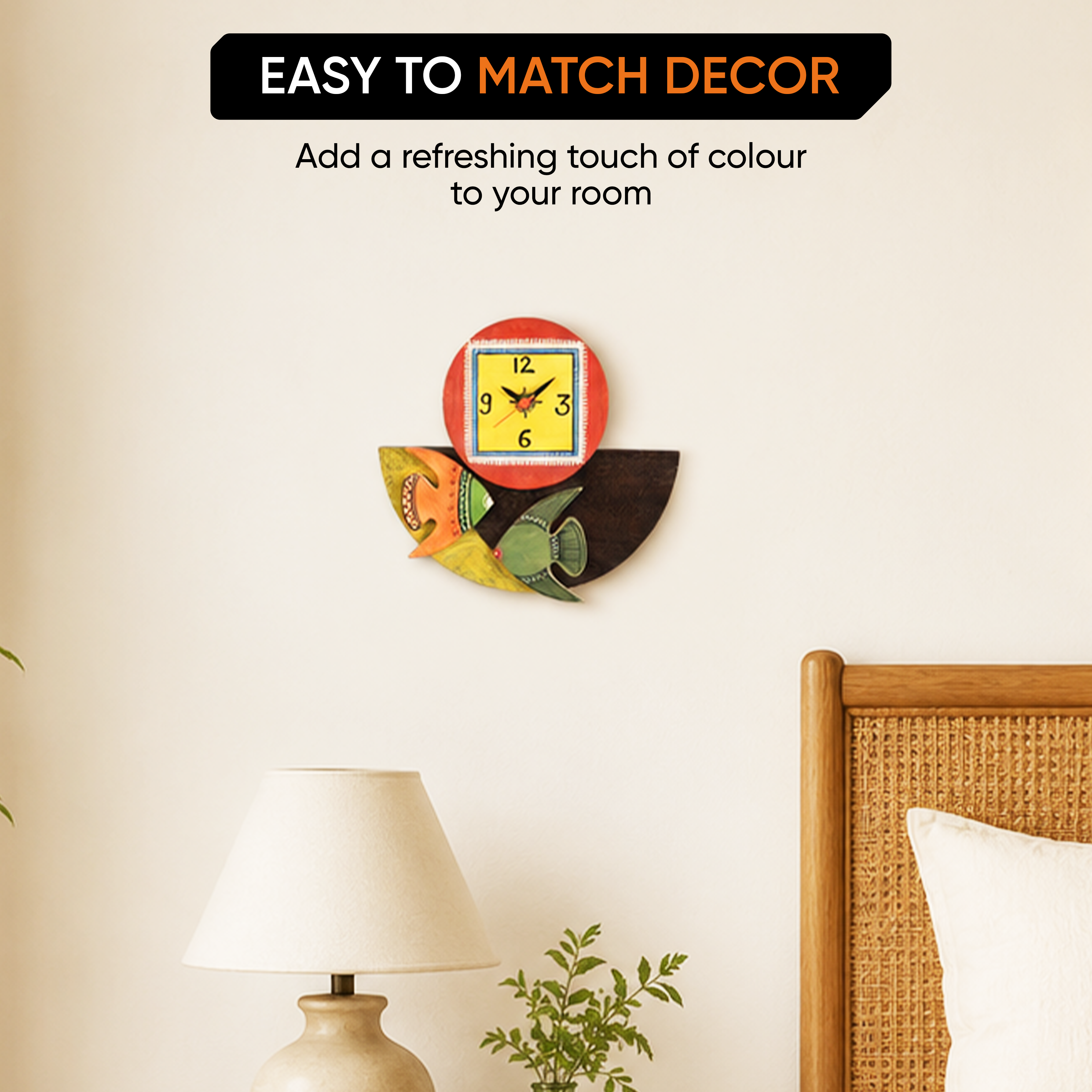 Wall Clock Handcrafted Wooden Tribal Art with Fish Motif (9.4x1.7x8.4)