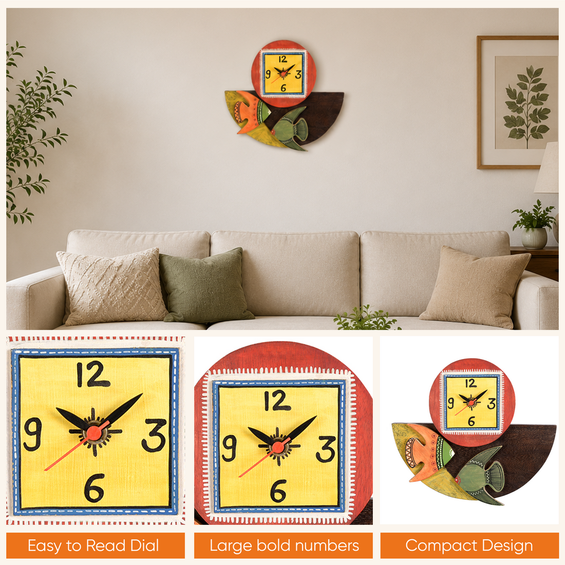 Wall Clock Handcrafted Wooden Tribal Art with Fish Motif (9.4x1.7x8.4)