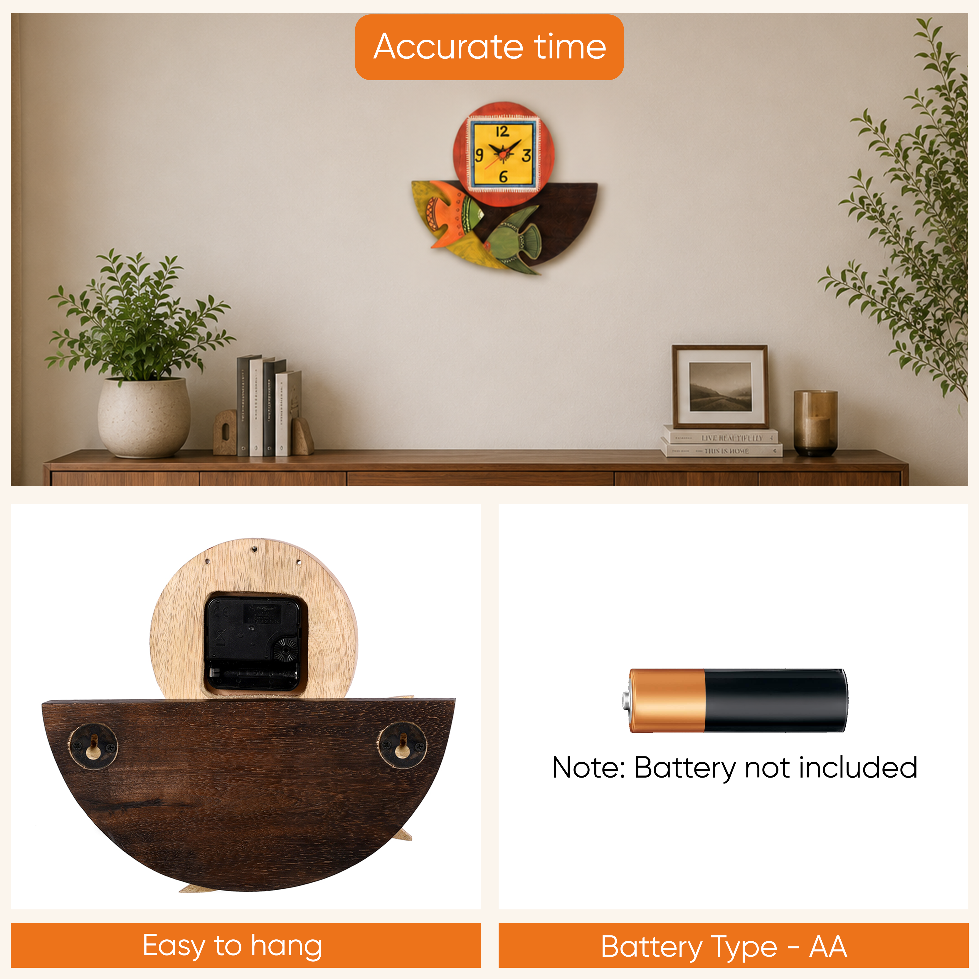 Wall Clock Handcrafted Wooden Tribal Art with Fish Motif (9.4x1.7x8.4)
