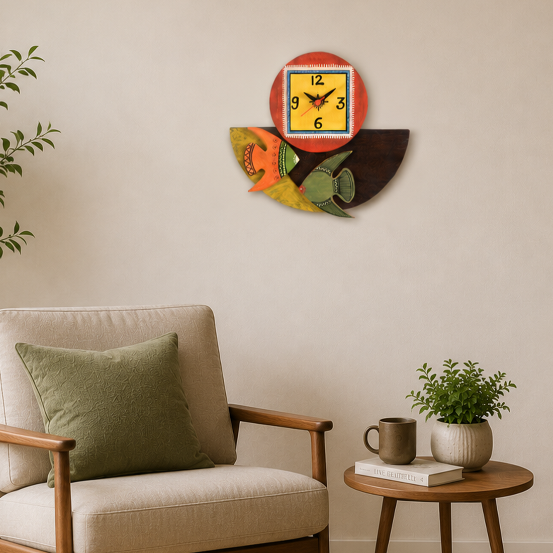 Wall Clock Handcrafted Wooden Tribal Art with Fish Motif (9.4x1.7x8.4)