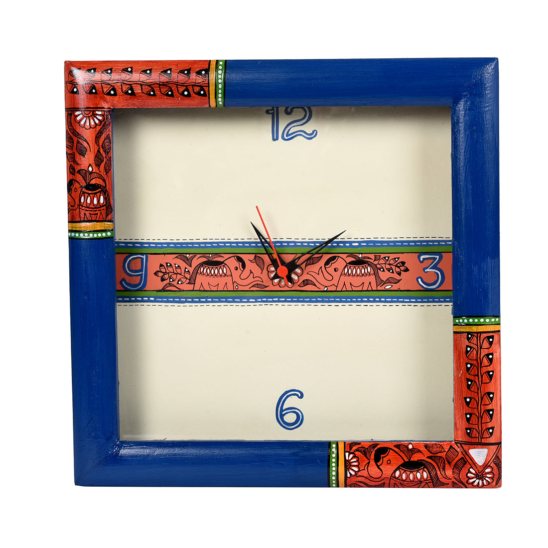 Wall Clock Handcrafted with Madhubani Art Blue Frame with Glass (10x2x10)