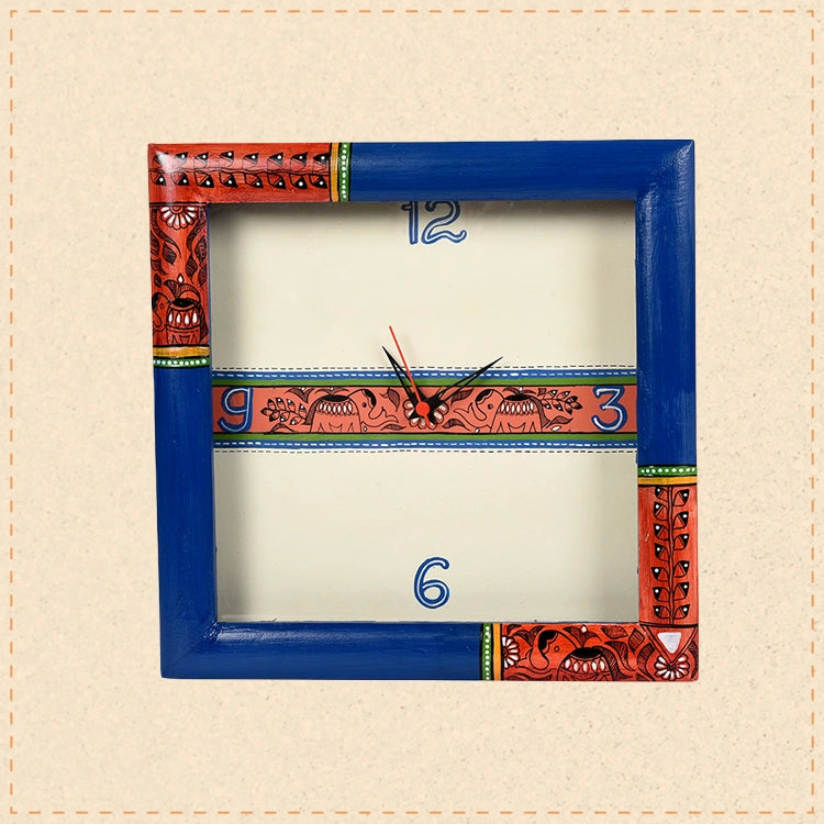 Wall Clock Handcrafted with Madhubani Art Blue Frame with Glass (10x2x10)
