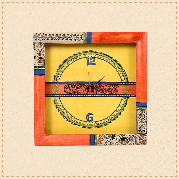 Wall Clock Handcrafted with Madhubani Art Orange Frame with Glass (10x2x10)