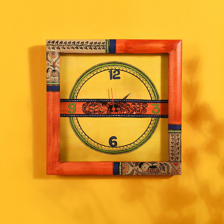 Wall Clock Handcrafted with Madhubani Art Orange Frame with Glass (10x2x10)