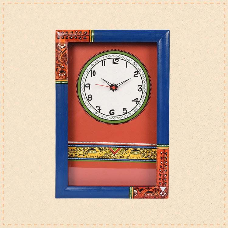Wall Clock Handcrafted Madhubani Blue/Red with Glass (10x2x15)