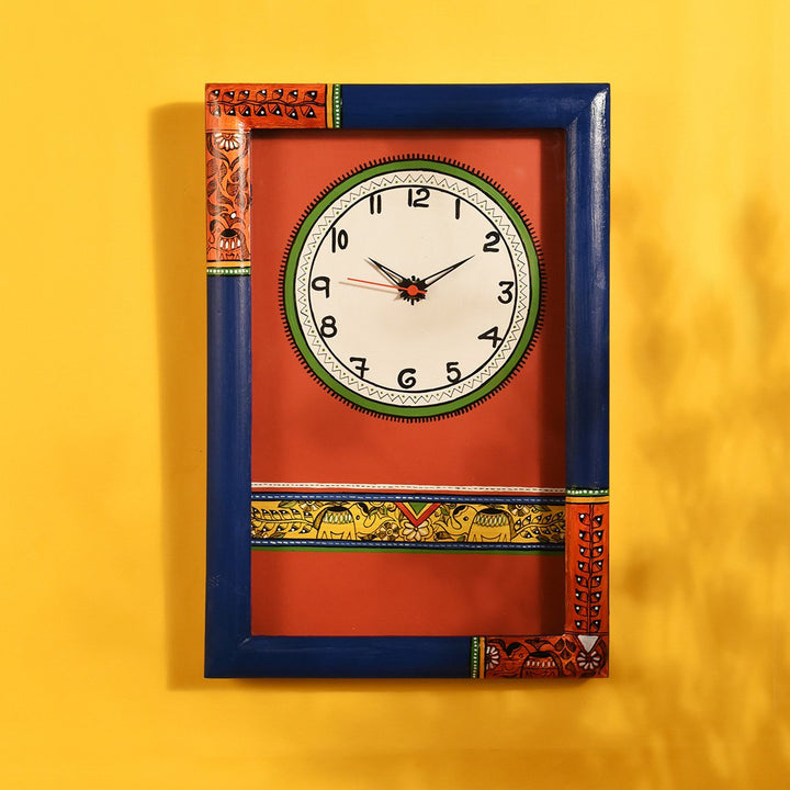 Wall Clock Handcrafted Madhubani Blue/Red with Glass (10x2x15)