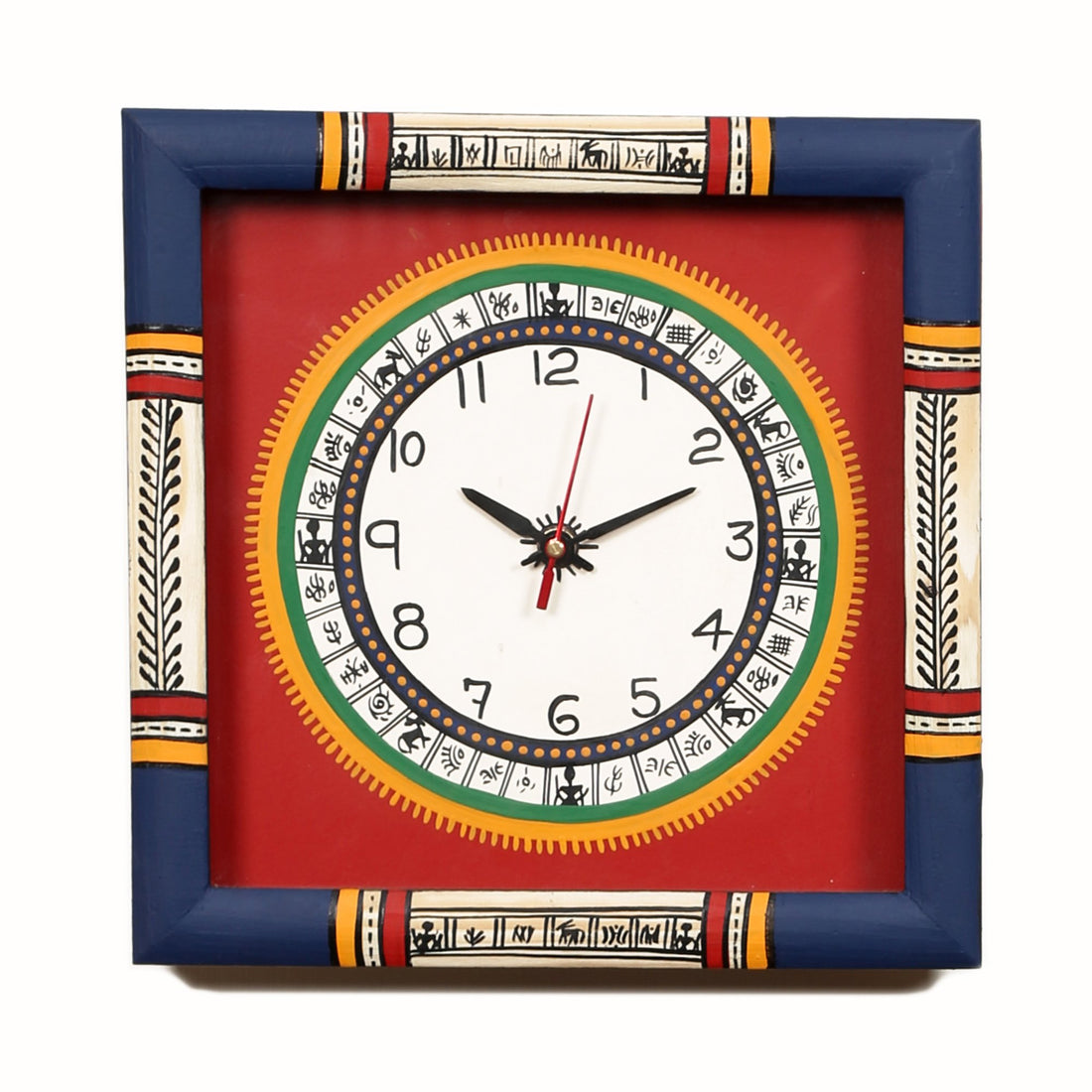 Wall Clock Handcrafted Warli Art Red Dial with Glass Frame (10x10)