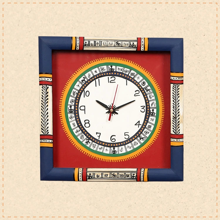 Wall Clock Handcrafted Warli Art Red Dial with Glass Frame (10x10)