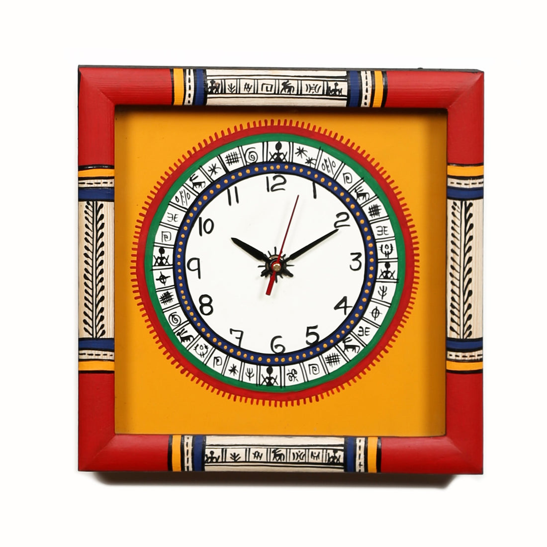 Wall Clock Handcrafted Warli Art Yellow Dial with Glass Frame (10x10)