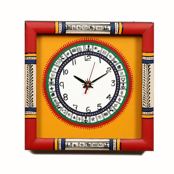 Wall Clock Handcrafted Warli Art Yellow Dial with Glass Frame (10x10)