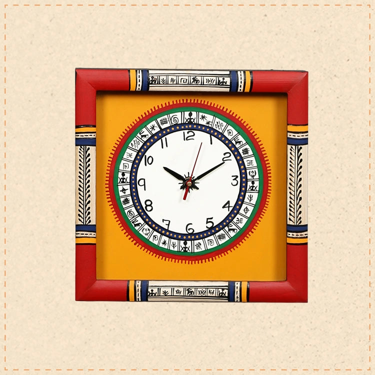 Dosera wall clock Warli Art Yellow Dial with Glass Frame (10x10)