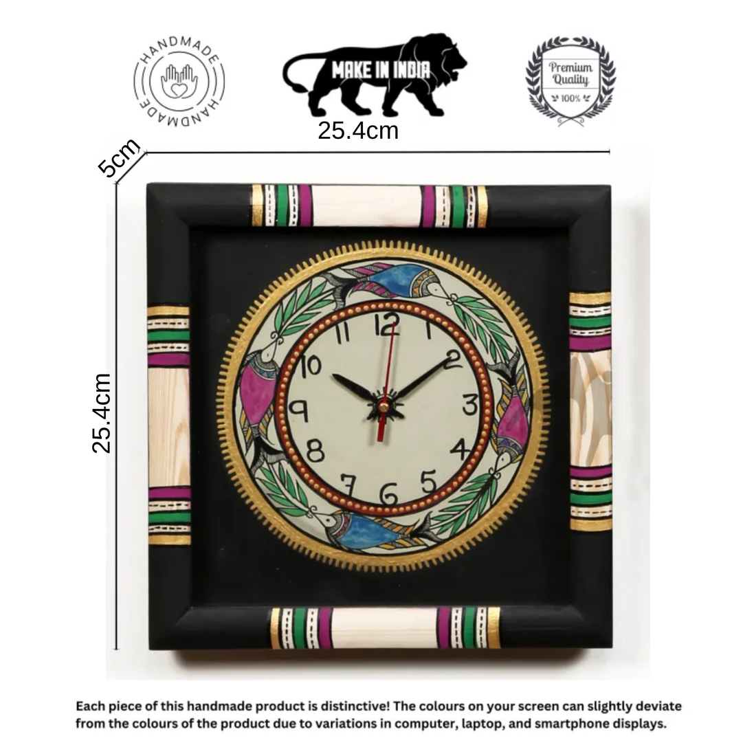 Wall Clock Handcrafted Warli Art Black Dial with Glass Frame (10x10)