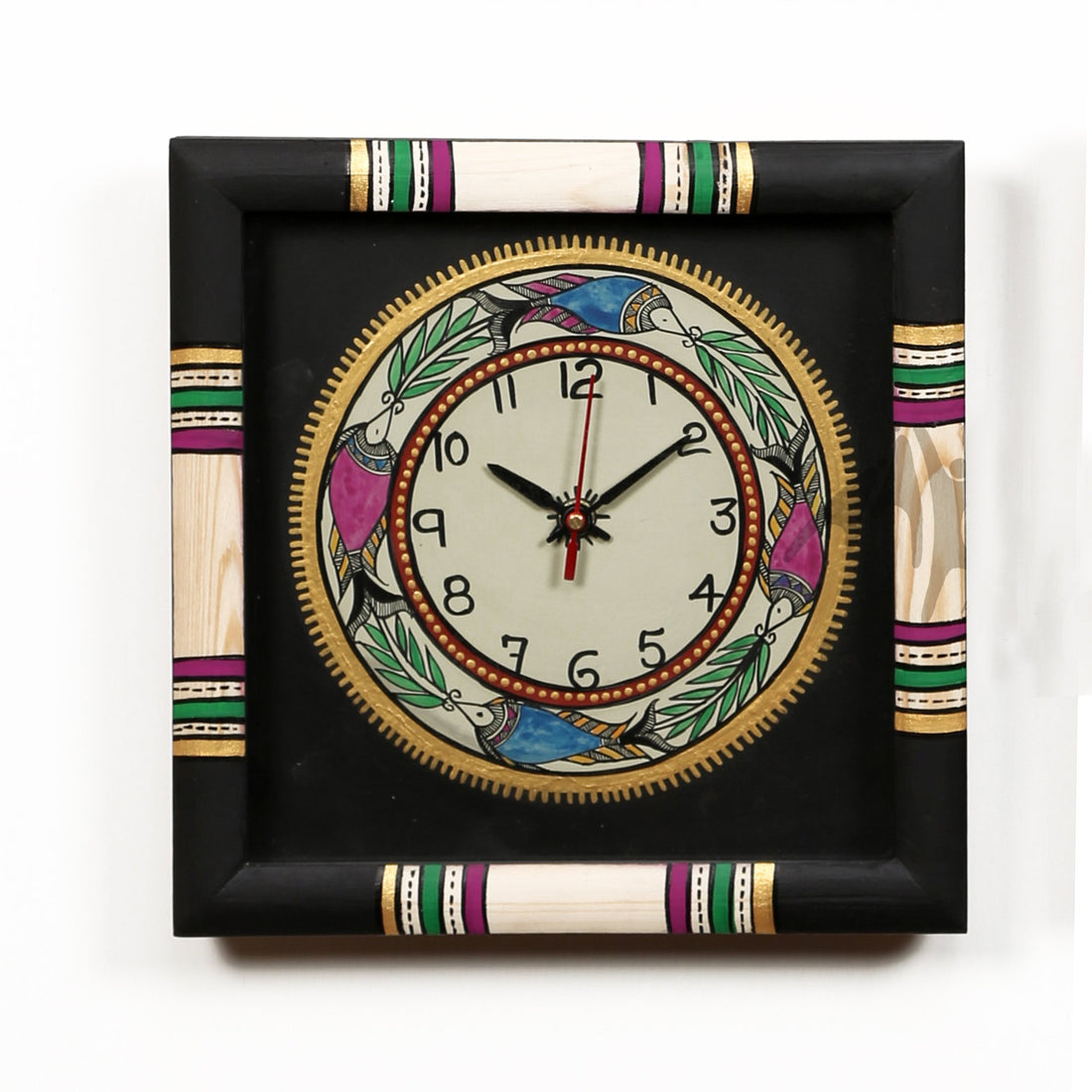 Wall Clock Handcrafted Warli Art Black Dial with Glass Frame (10x10)