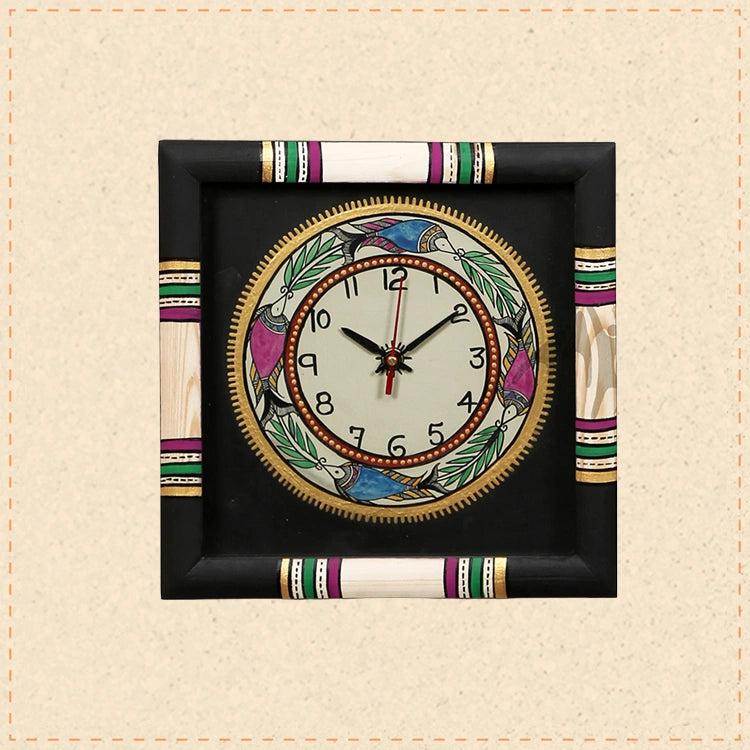 Wall Clock Handcrafted Warli Art Black Dial with Glass Frame (10x10)