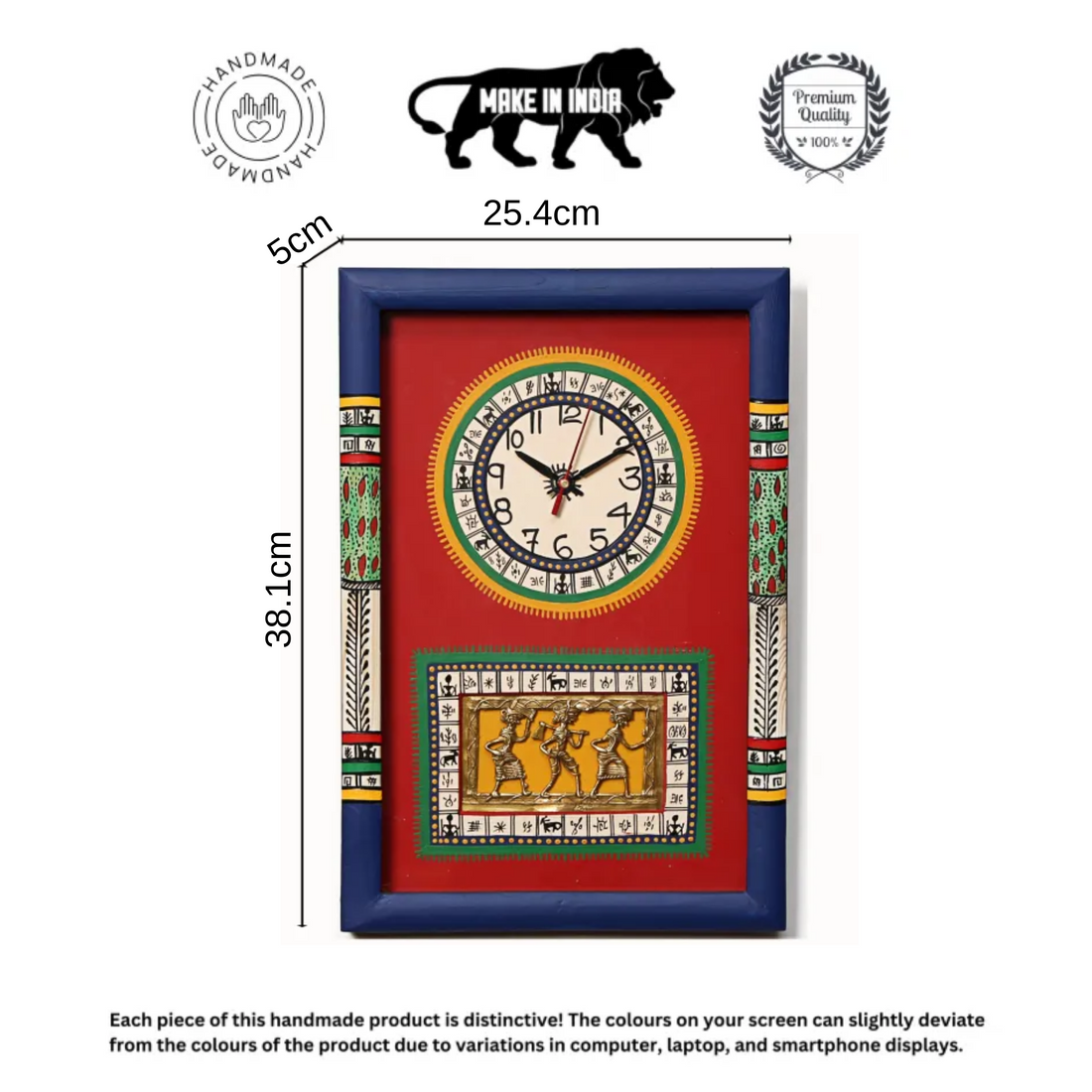 Wall Clock Handcrafted Warli/Dhokra Art Red Dial with Glass Frame (10x15)