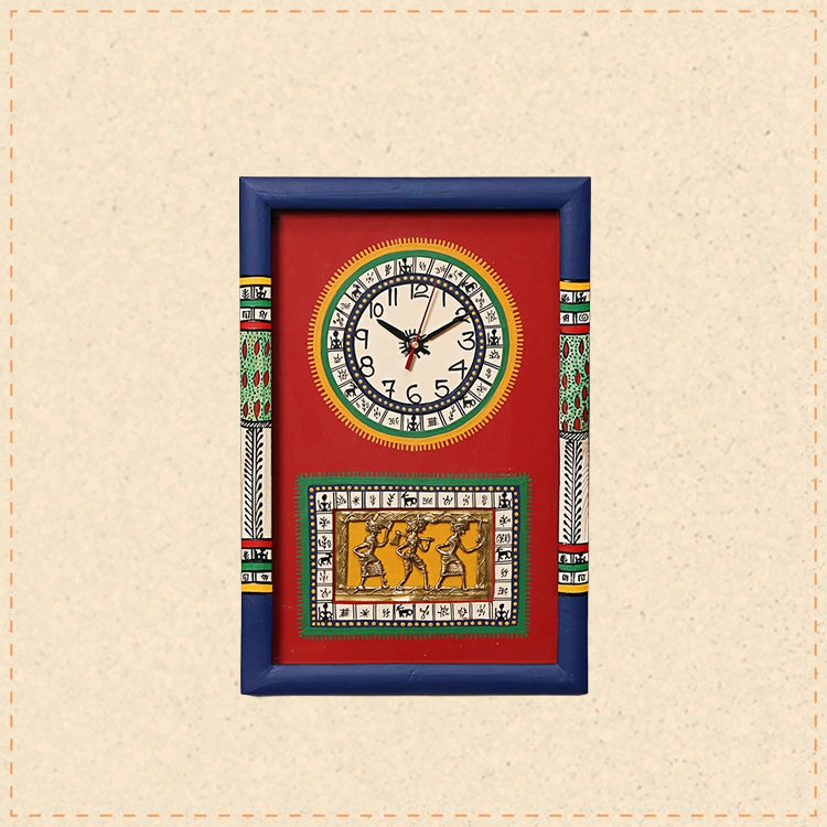 Wall Clock Handcrafted Warli/Dhokra Art Red Dial with Glass Frame (10x15)
