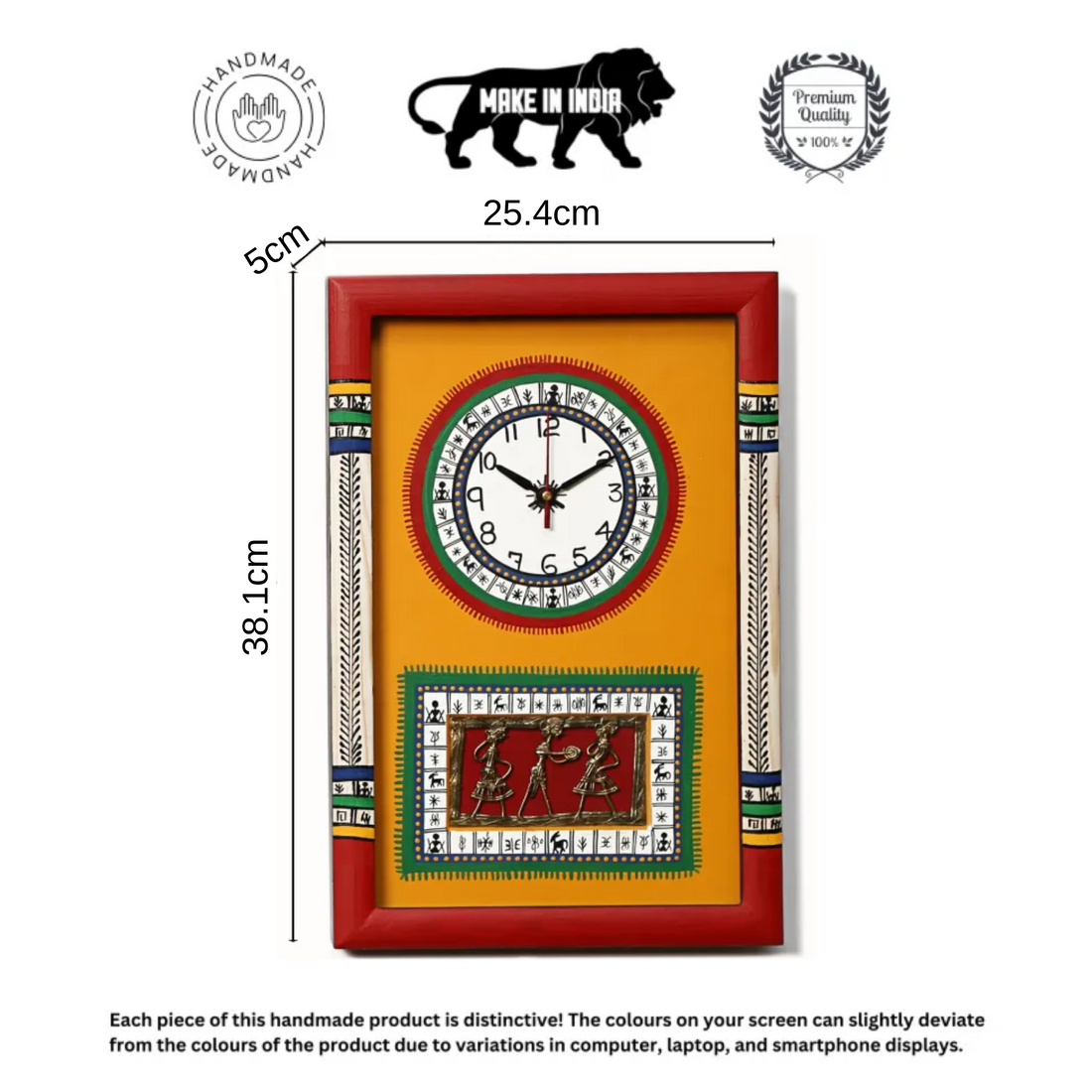 Wall Clock Handcrafted Warli/Dhokra Art Yellow Dial with Glass Frame (10x15)