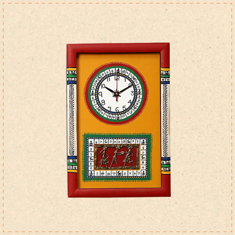 Wall Clock Handcrafted Warli/Dhokra Art Yellow Dial with Glass Frame (10x15)