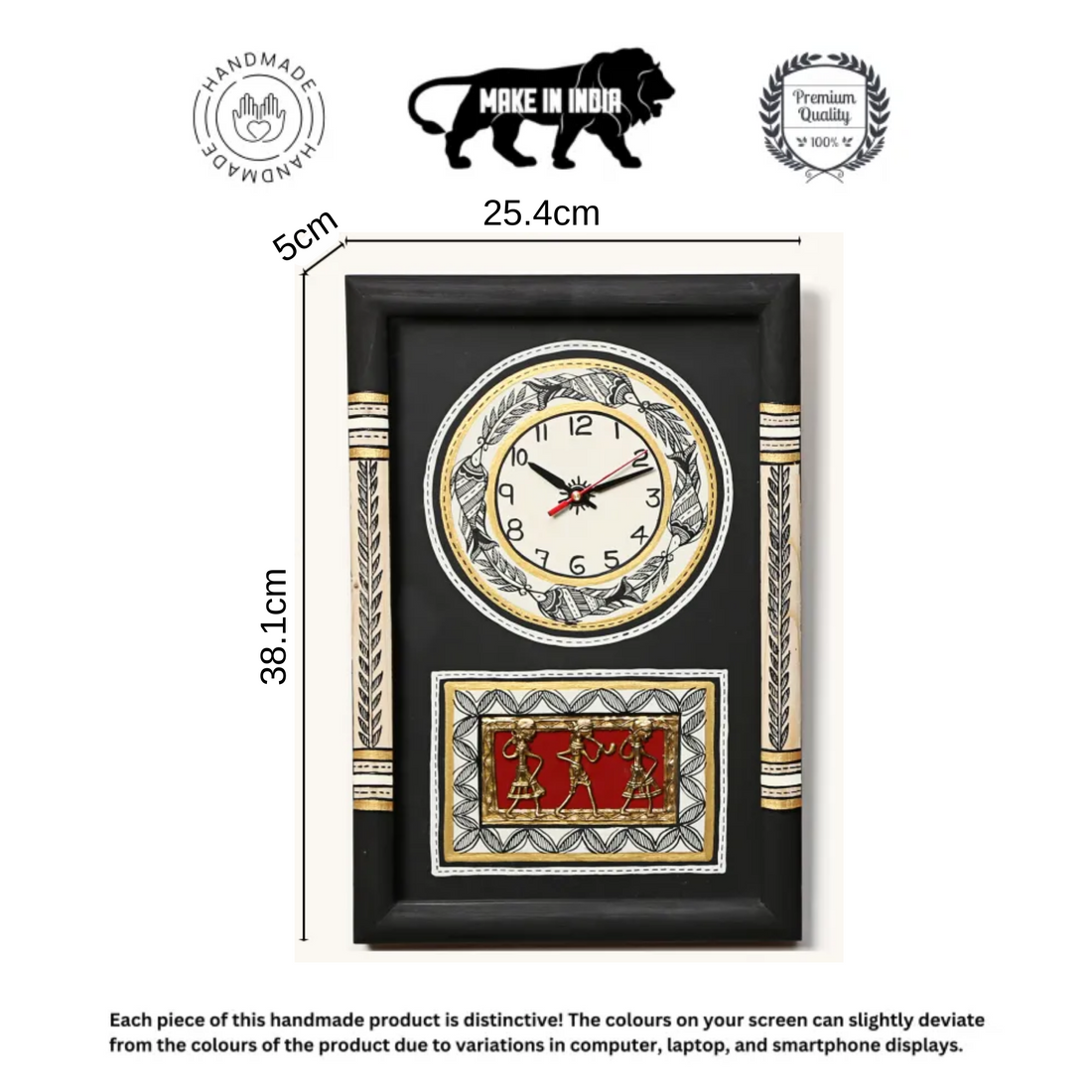 Wall Clock Handcrafted Warli/Dhokra Art Black Dial with Glass Frame (10x15)