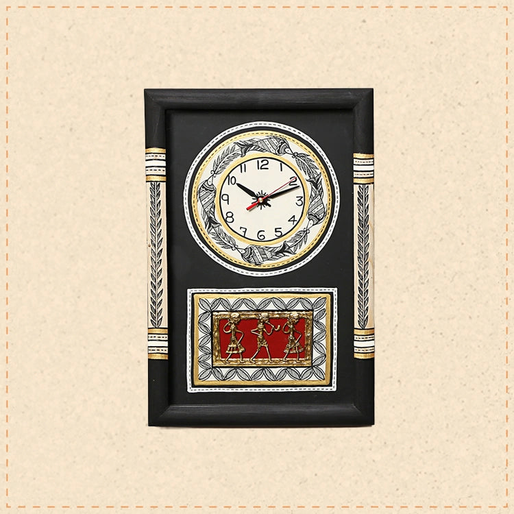 Wall Clock Handcrafted Warli/Dhokra Art Black Dial with Glass Frame (10x15)