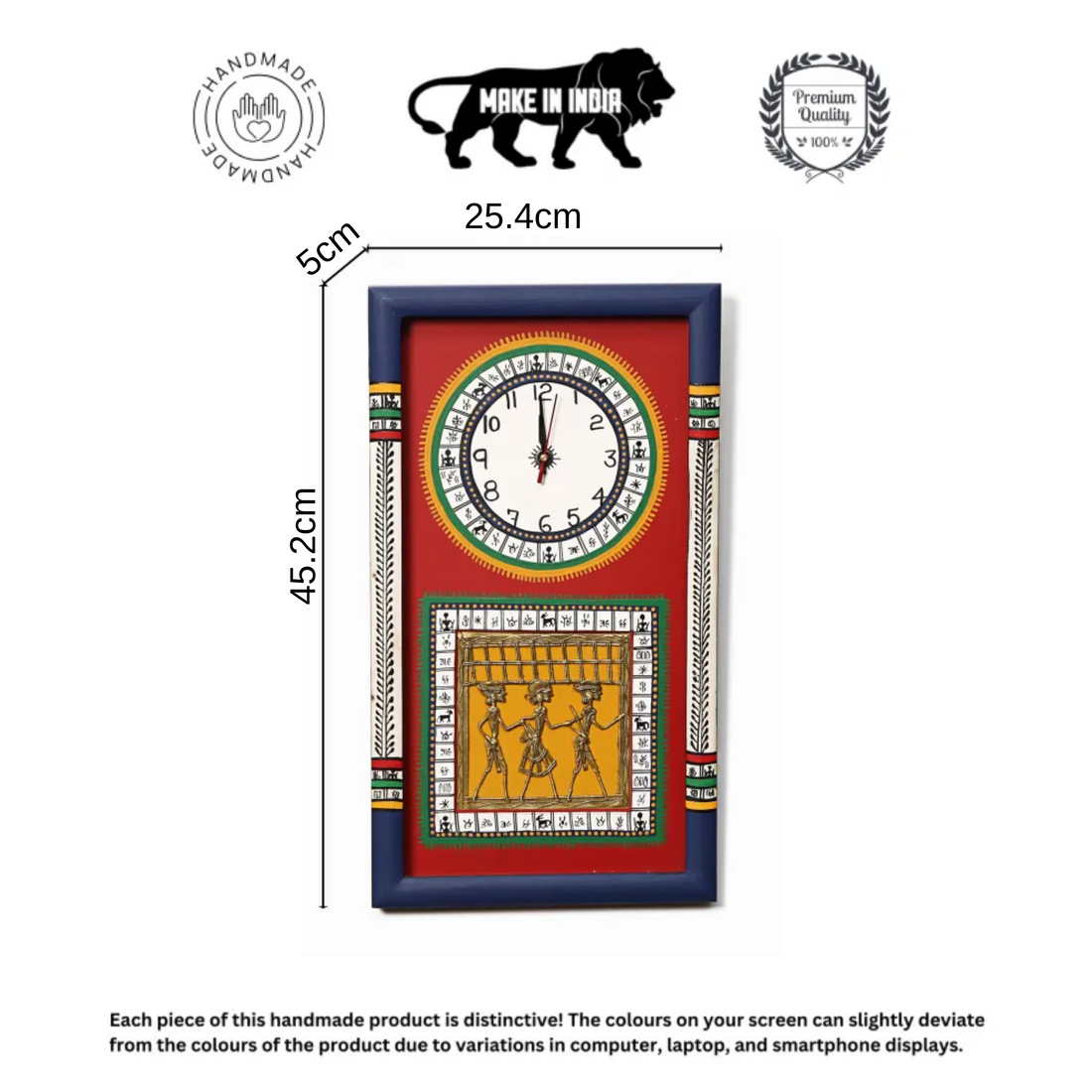 Wall Clock Handcrafted Warli/Dhokra Art Red Dial with Glass Frame (10x18)