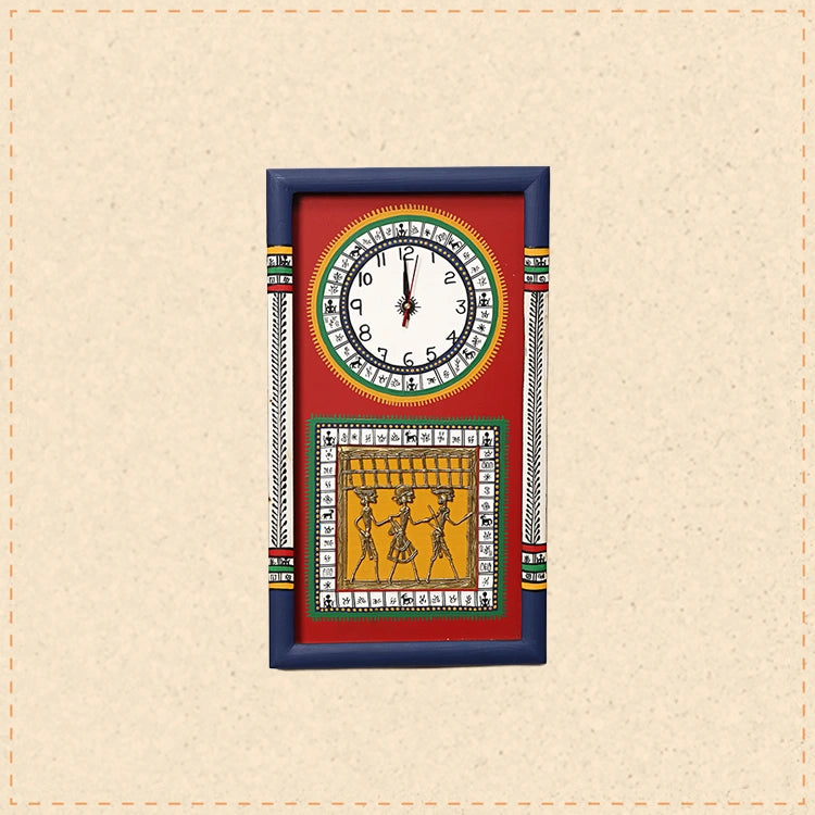 Desi Dhokra Wall Clock Warli Dial with Glass Frame (10x18)
