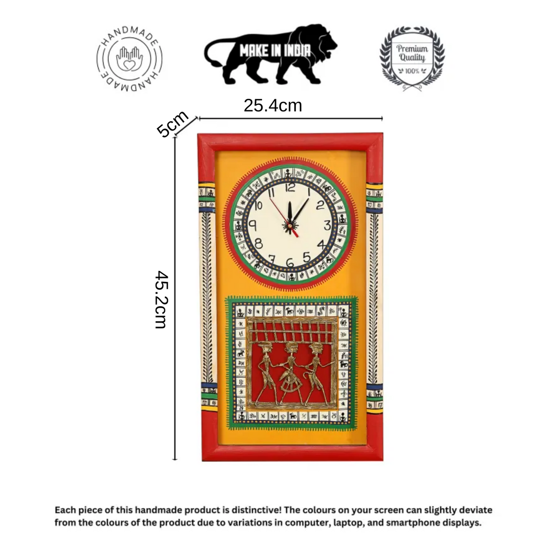 Wall Clock Handcrafted Warli/Dhokra Art Yellow Dial with Glass Frame (10x18)