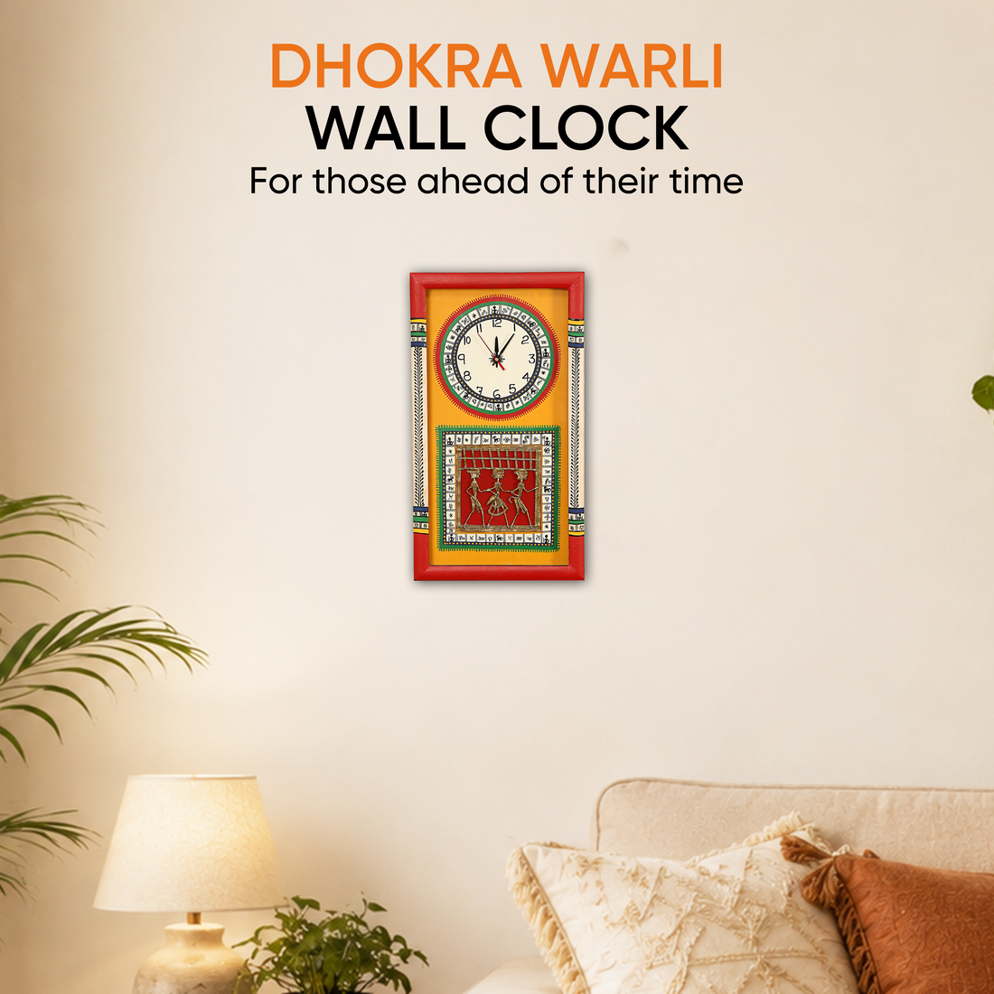 Wall Clock Handcrafted Warli/Dhokra Art Yellow Dial with Glass Frame (10x18)