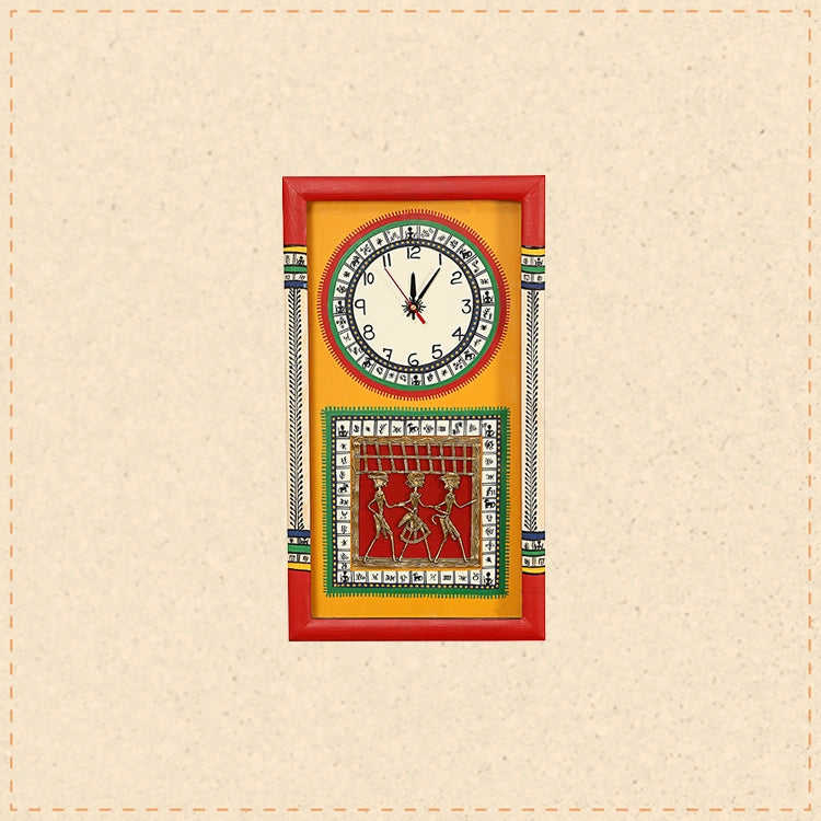 Wall Clock Handcrafted Warli/Dhokra Art Yellow Dial with Glass Frame (10x18)