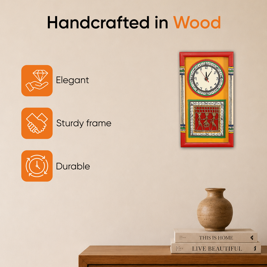 Wall Clock Handcrafted Warli/Dhokra Art Yellow Dial with Glass Frame (10x18)
