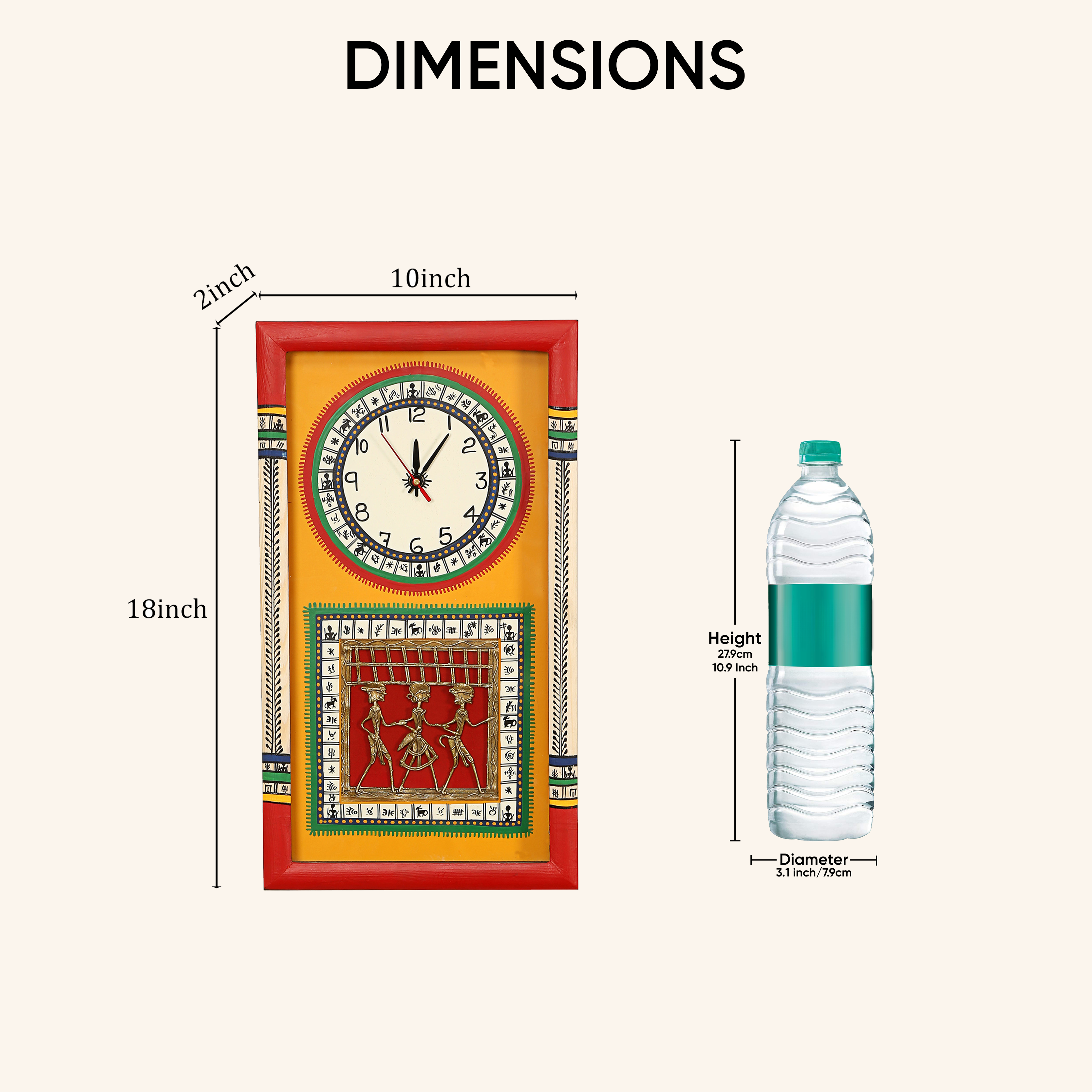 Wall Clock Handcrafted Warli/Dhokra Art Yellow Dial with Glass Frame (10x18)