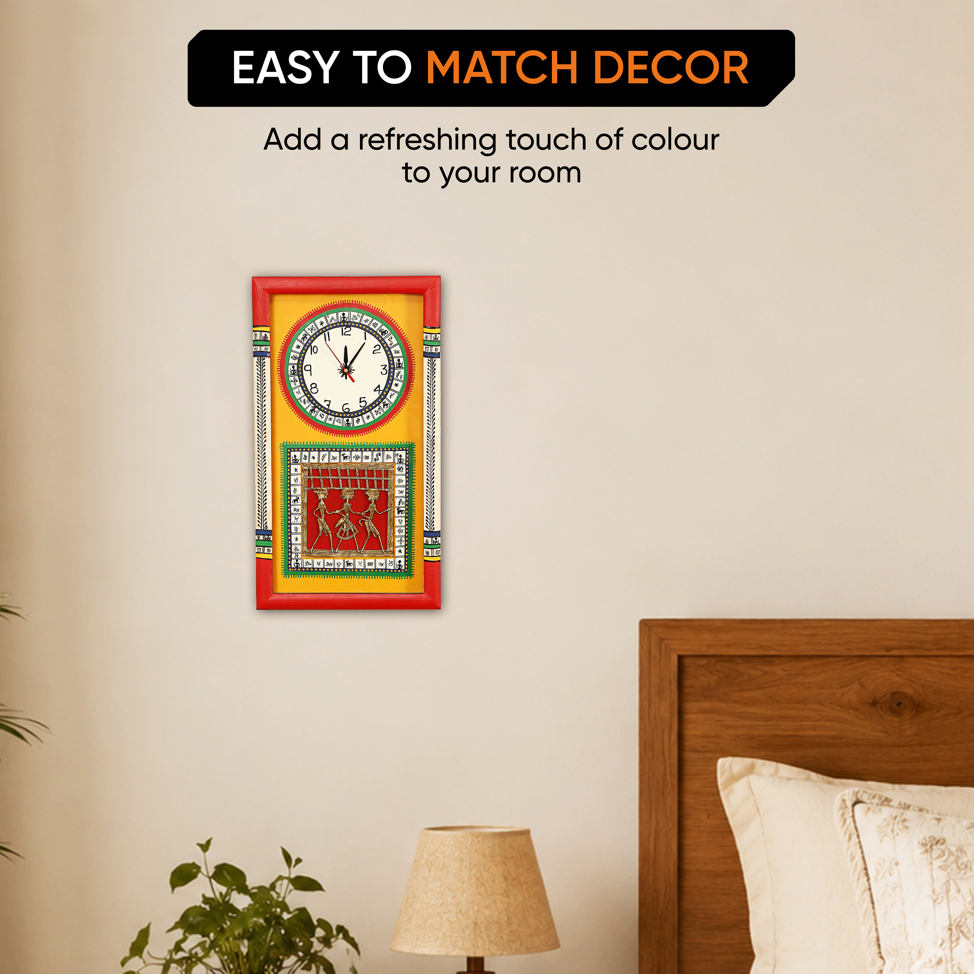Wall Clock Handcrafted Warli/Dhokra Art Yellow Dial with Glass Frame (10x18)