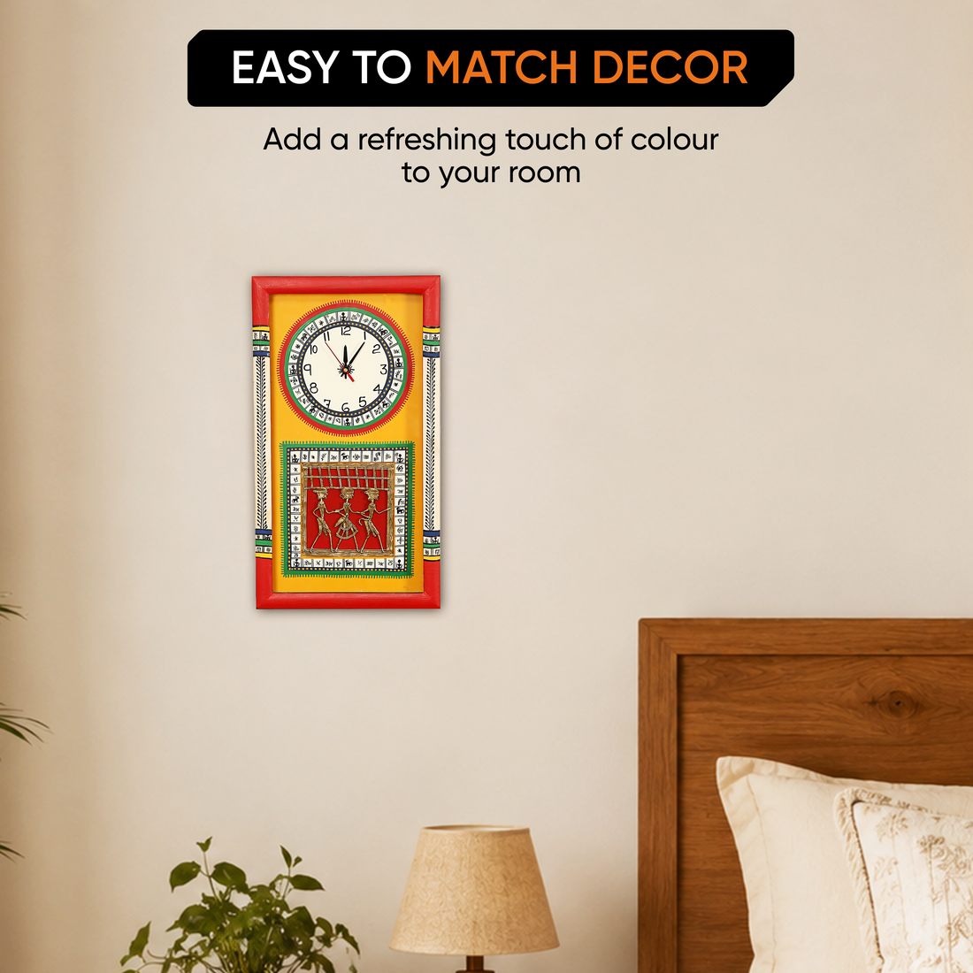 Wall Clock Handcrafted Warli/Dhokra Art Yellow Dial with Glass Frame (10x18)