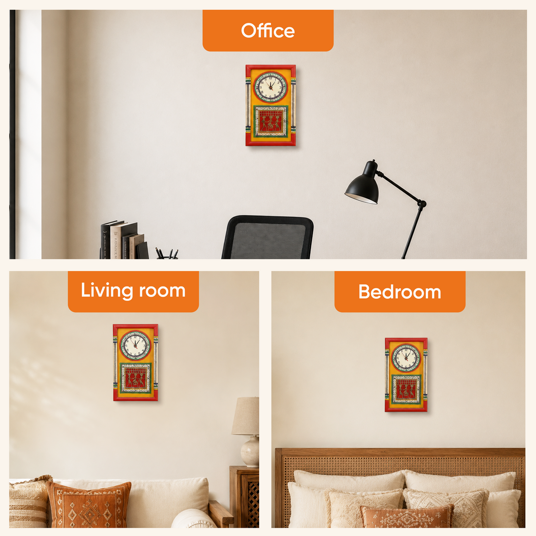 Wall Clock Handcrafted Warli/Dhokra Art Yellow Dial with Glass Frame (10x18)