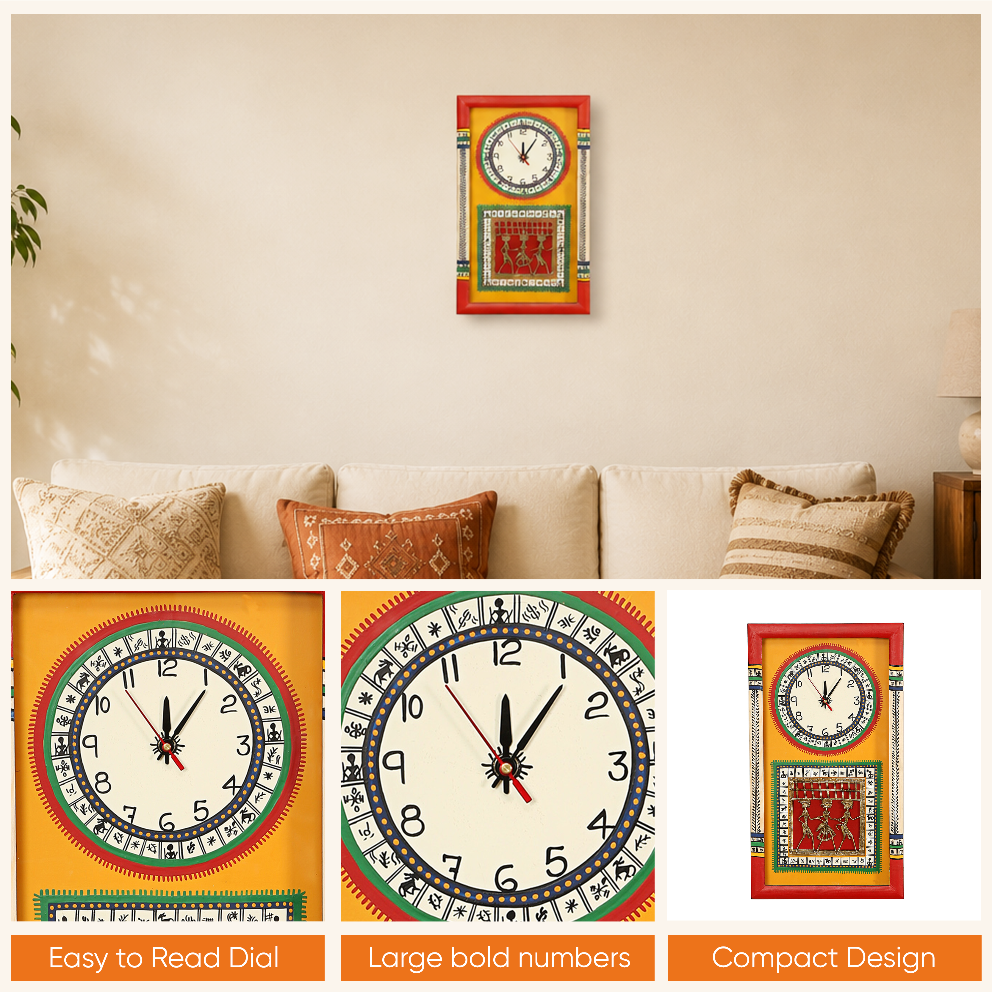 Wall Clock Handcrafted Warli/Dhokra Art Yellow Dial with Glass Frame (10x18)