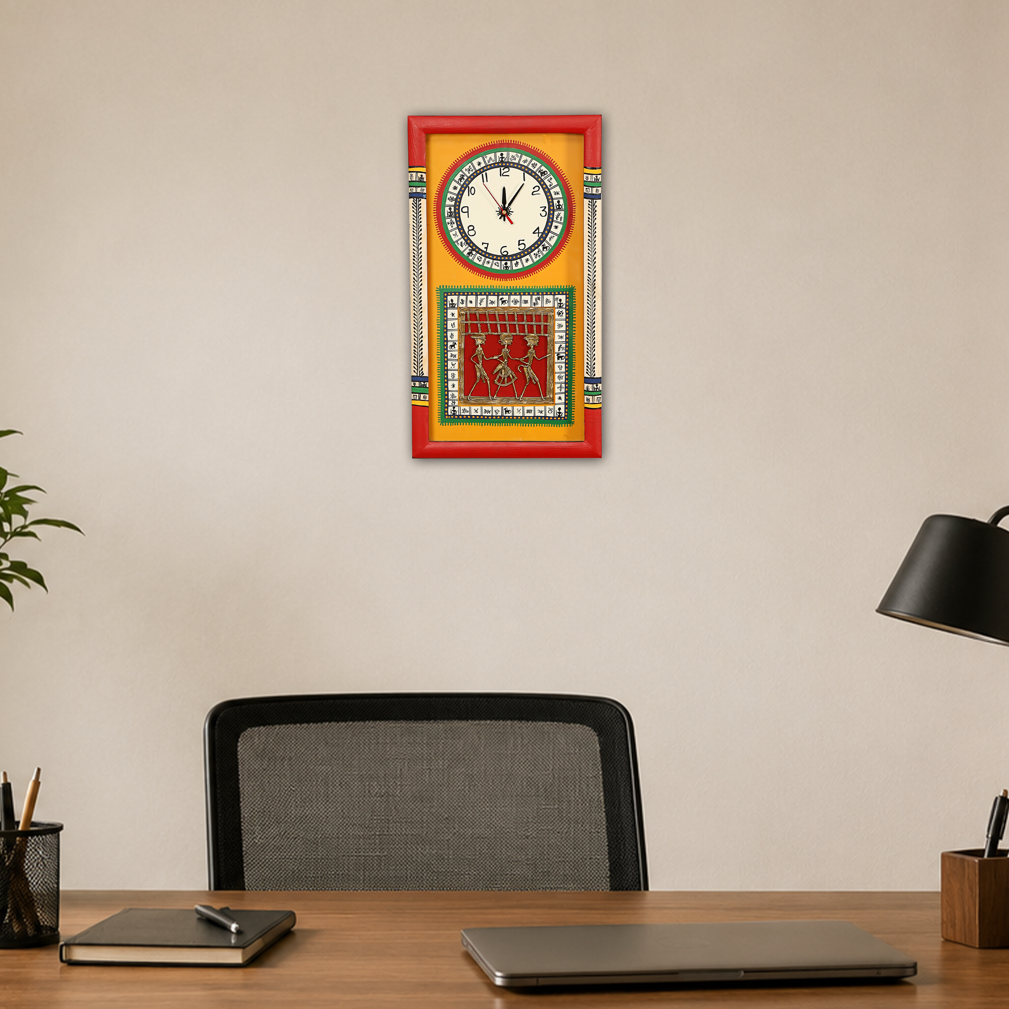 Wall Clock Handcrafted Warli/Dhokra Art Yellow Dial with Glass Frame (10x18)