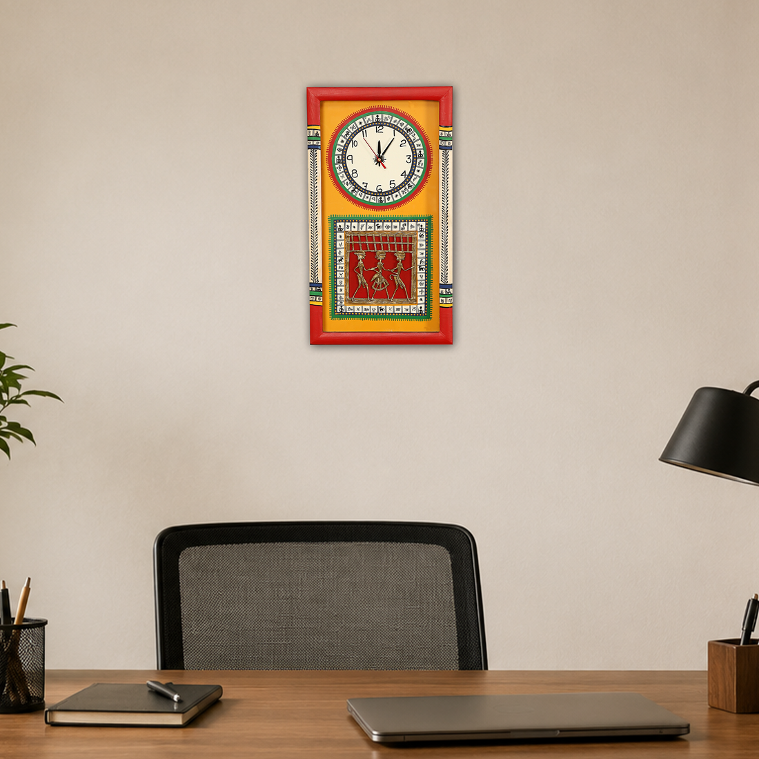 Wall Clock Handcrafted Warli/Dhokra Art Yellow Dial with Glass Frame (10x18)